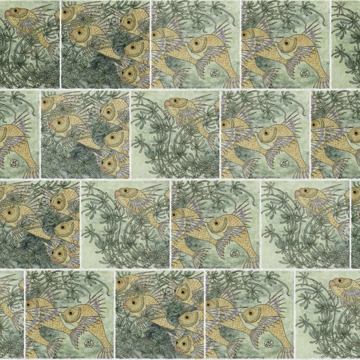 A seamless tile texture with fish in seaweed tile tiles arranged in a Staggered pattern