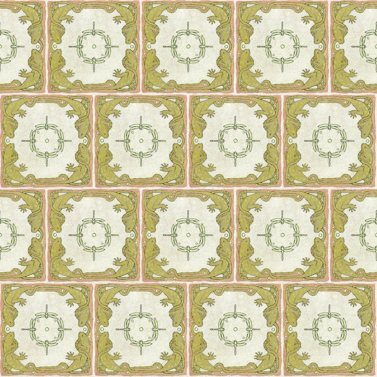 A seamless tile texture with lizard and dragonfly tile tiles arranged in a Stretcher pattern