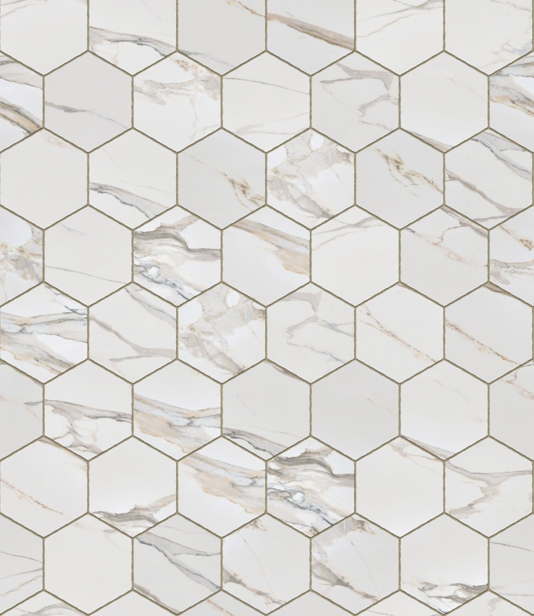 A seamless stone texture with calacatta gold blocks arranged in a Hexagonal pattern
