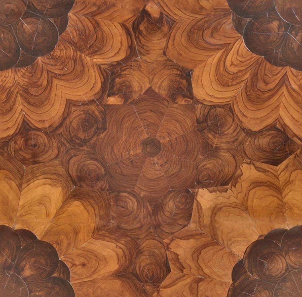 A seamless wood texture with olive wood rosette boards arranged in a None pattern