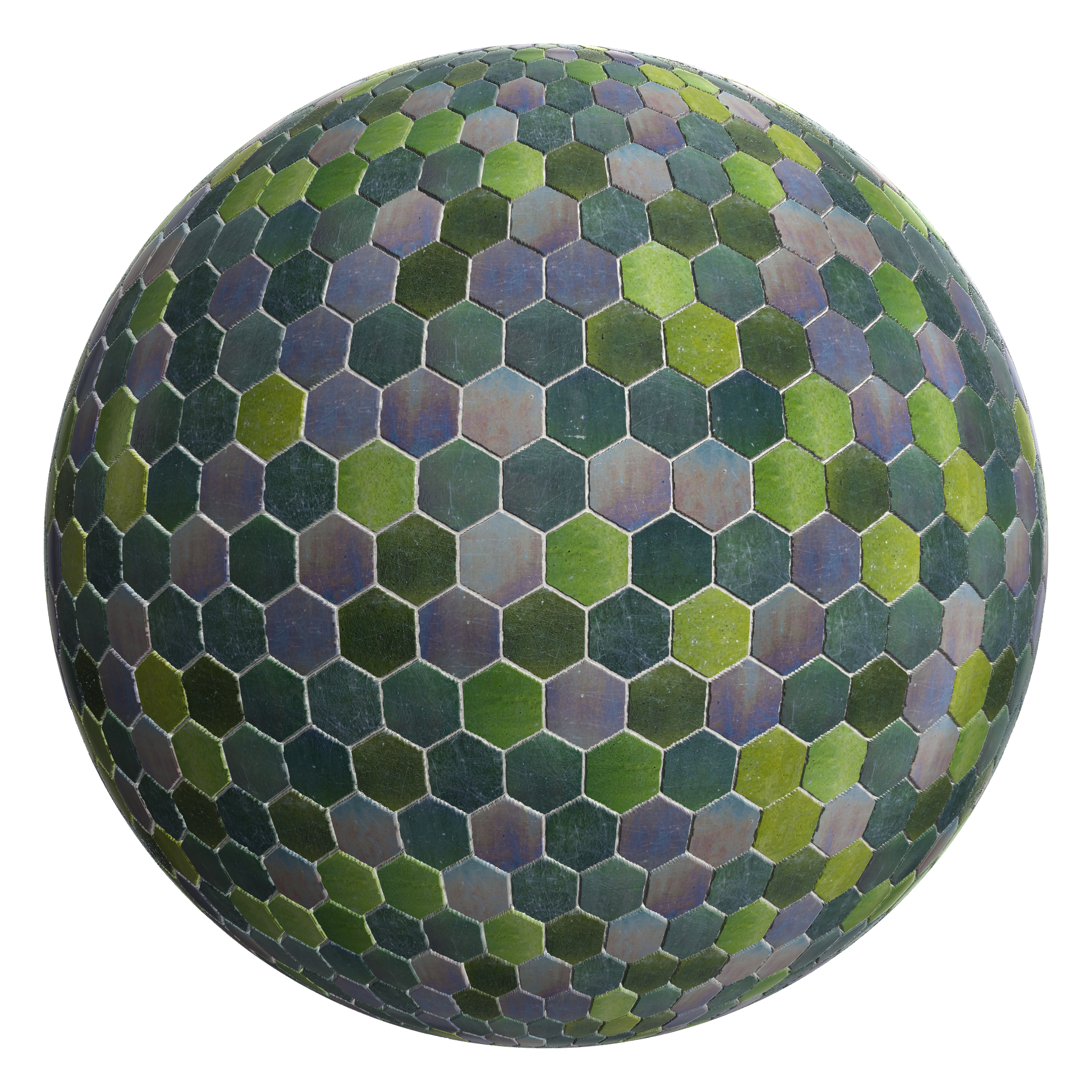 3D sphere preview of Peacock Glazed Tiles, Hexagonal seamless texture