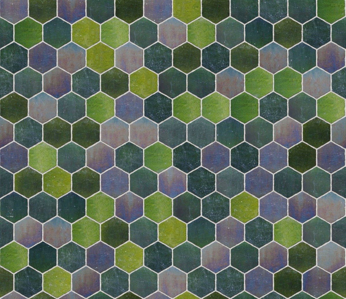 A seamless tile texture with peacock glazed tiles tiles arranged in a Hexagonal pattern