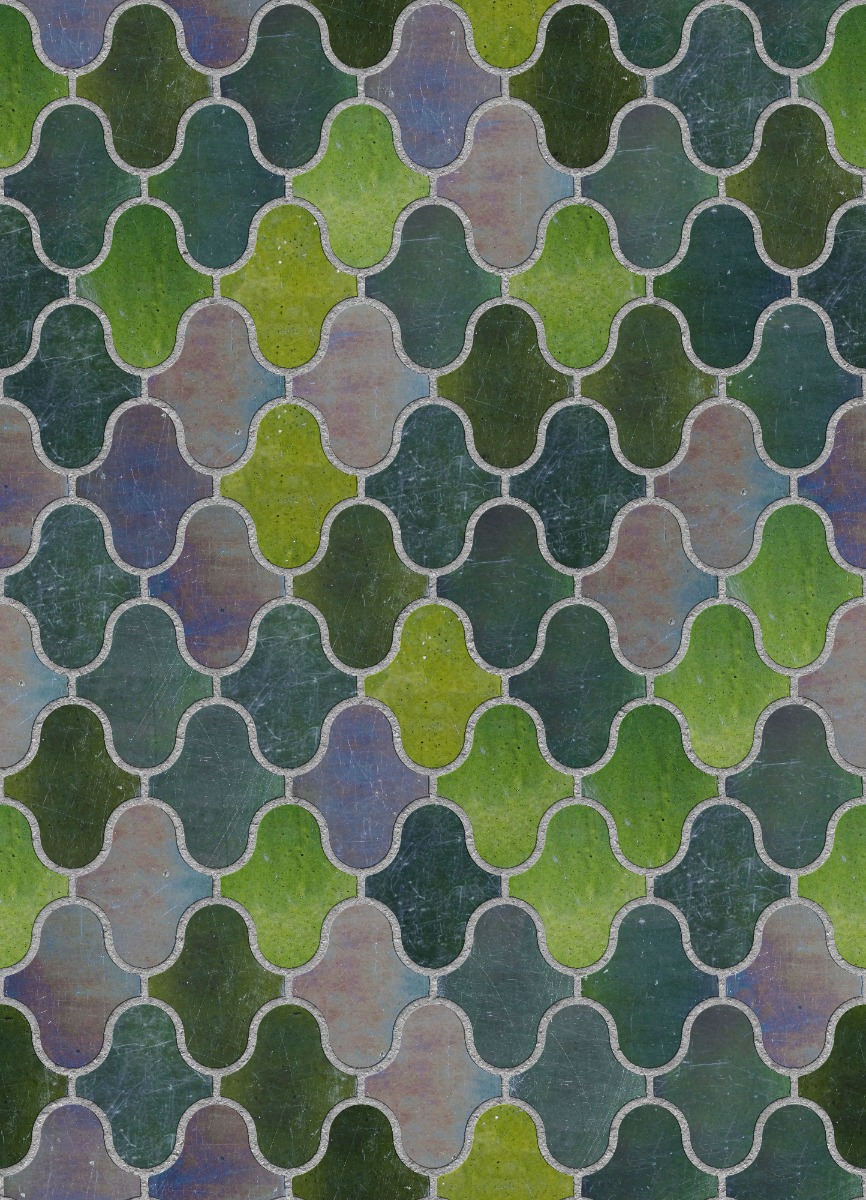 A seamless tile texture with peacock glazed tiles tiles arranged in a Paseo pattern