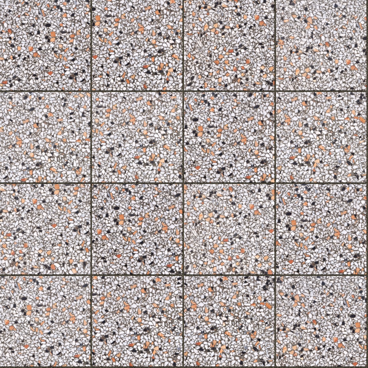 A seamless terrazzo texture with bianco arancia terrazzo units arranged in a Stack pattern