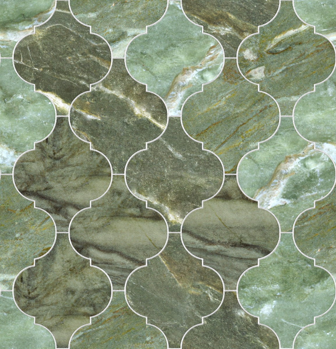 A seamless stone texture with verde alpi marble blocks arranged in a Arabesque Lantern pattern