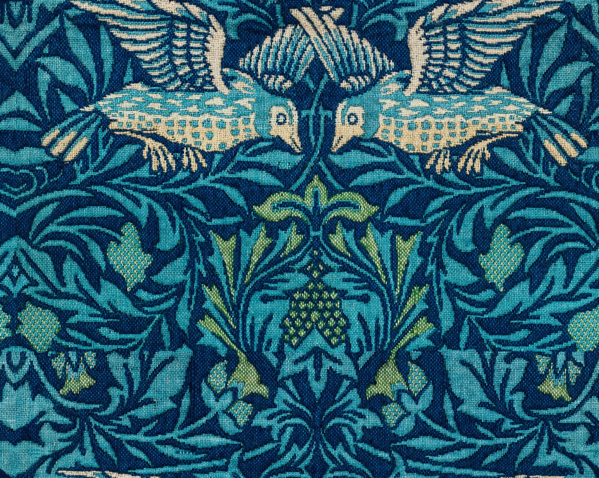 A seamless fabric texture with william morris birds textile units arranged in a None pattern