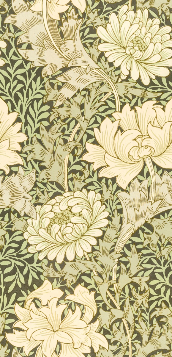 A seamless fabric texture with william morris chrysanthemum textile units arranged in a None pattern