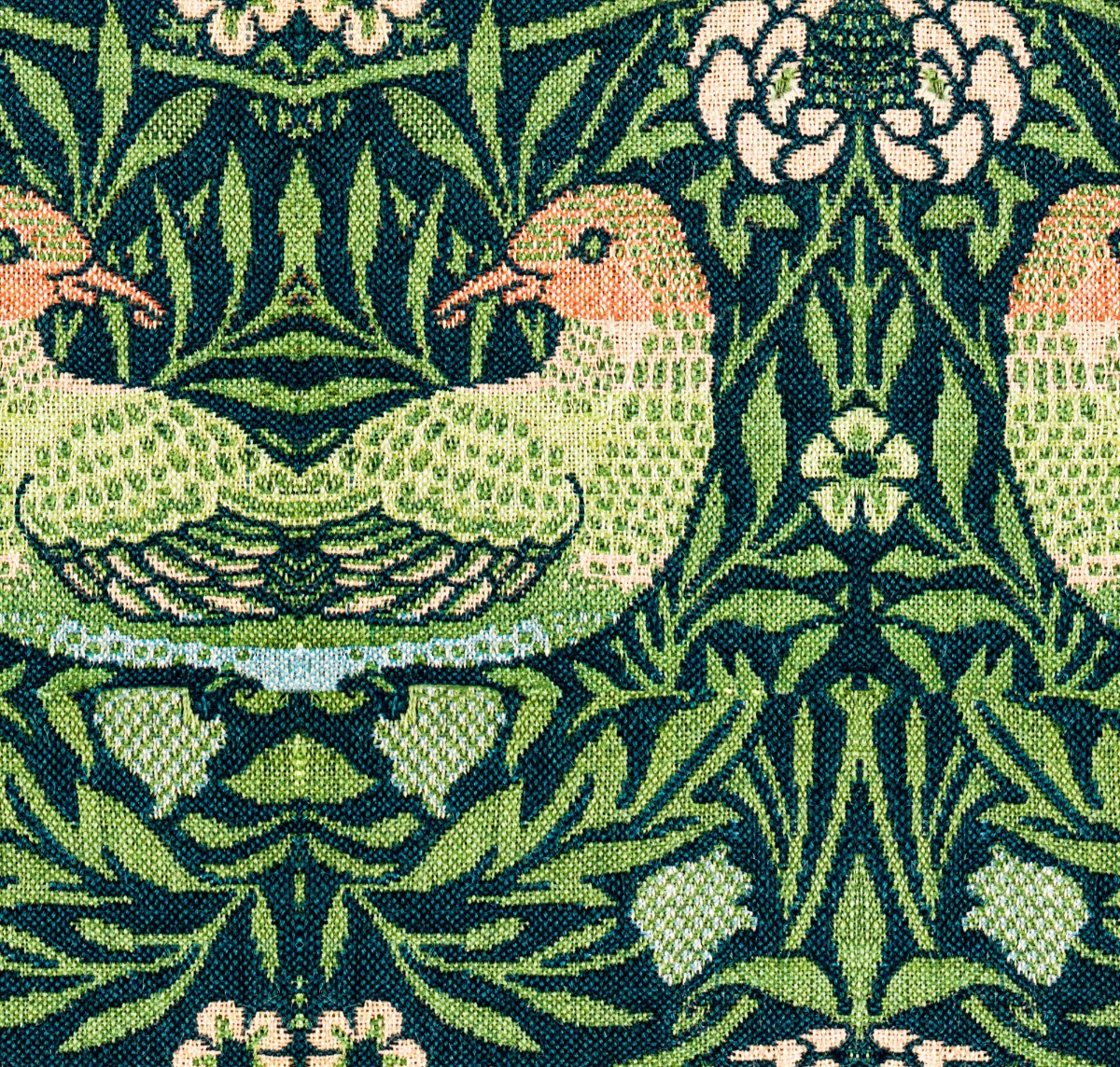 A seamless fabric texture with william morris pigeon textile units arranged in a None pattern