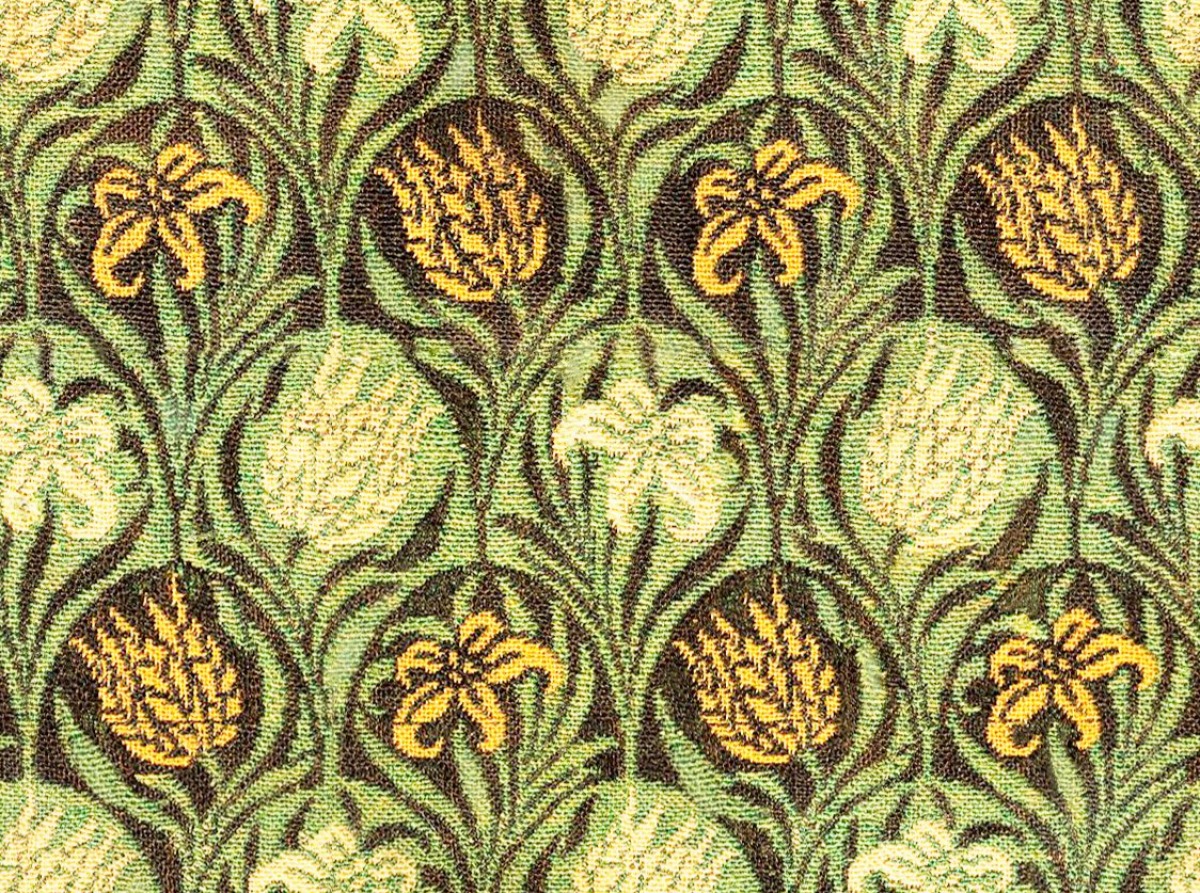 A seamless fabric texture with william morris tulip and lily textile units arranged in a None pattern