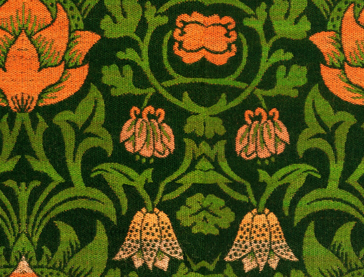 A seamless fabric texture with william morris violet and columbine textile  units arranged in a None pattern