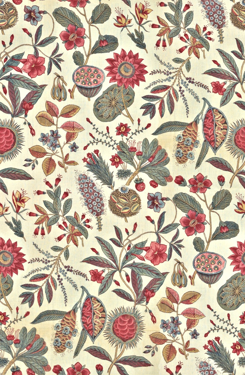 A seamless fabric texture with exotic floral textile units arranged in a None pattern