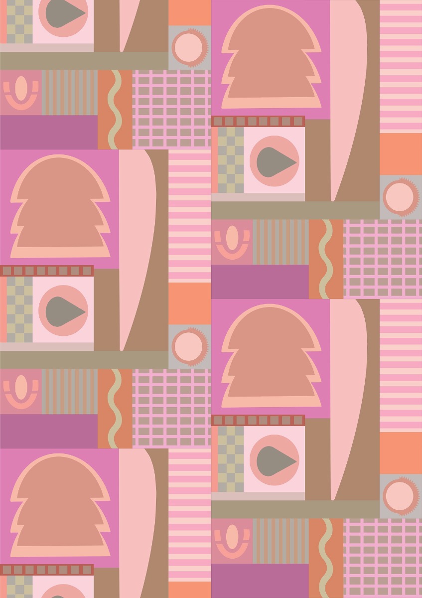 A seamless wallpaper texture with shape play wallpaper in pink playground units arranged in a Stretcher pattern