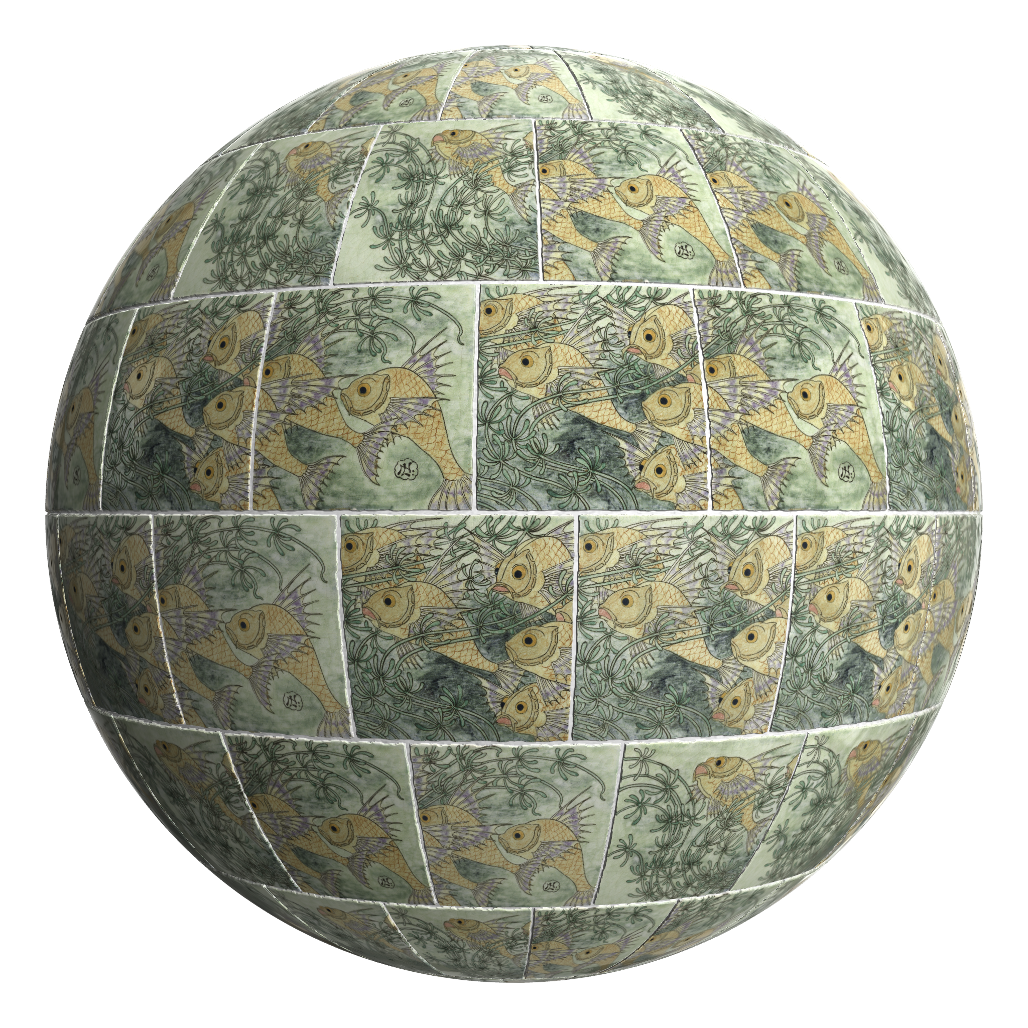 3D sphere preview of Fish in Seaweed Tile, Staggered seamless texture