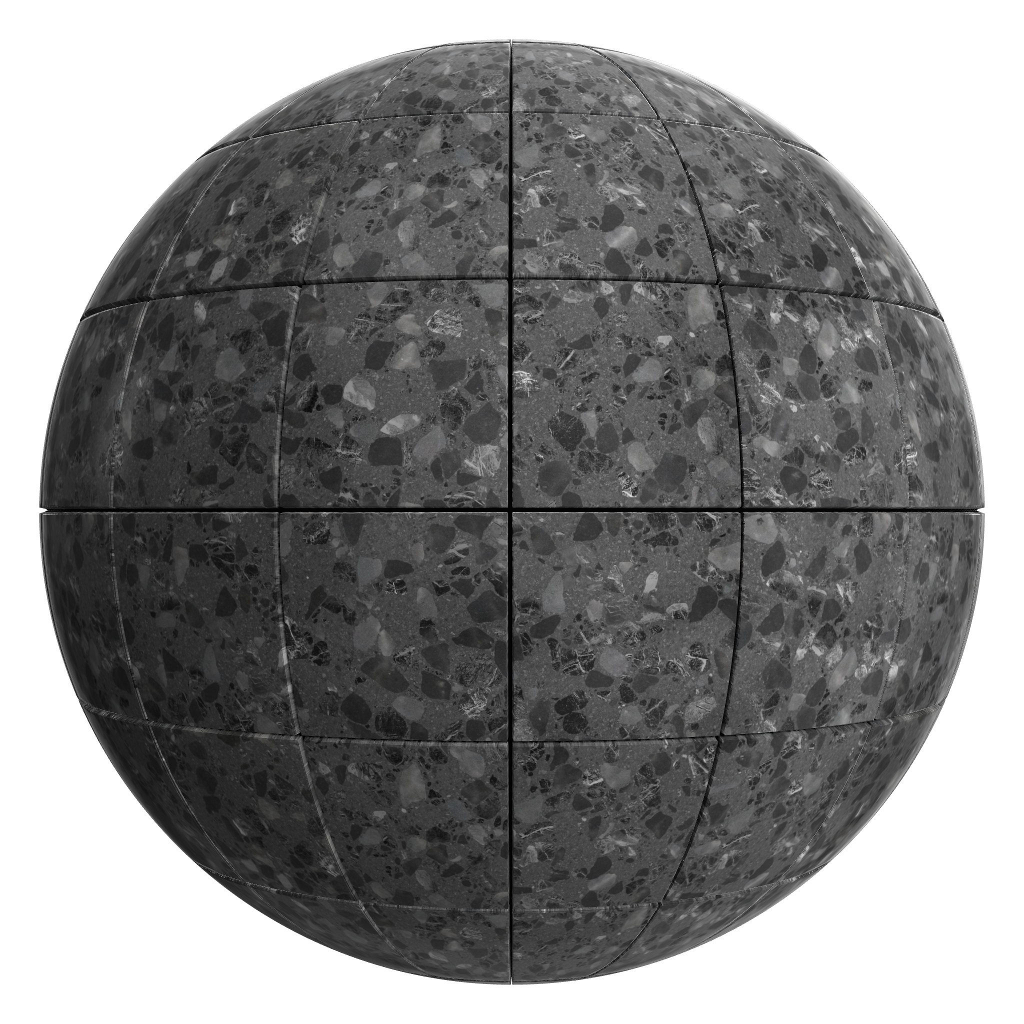3D sphere preview of Oscuro Terrazzo Stack seamless texture