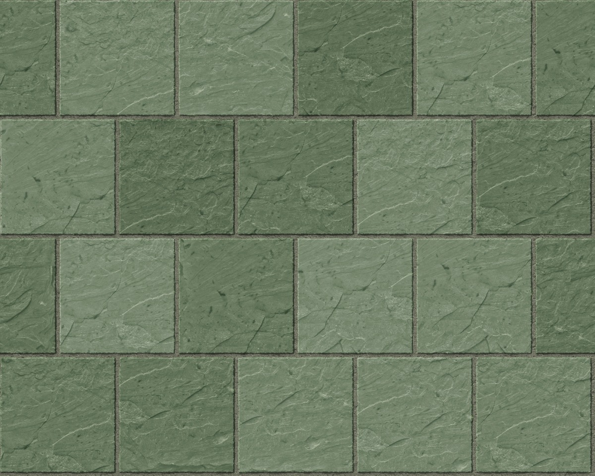 A seamless stone texture with green slate blocks arranged in a Stretcher pattern