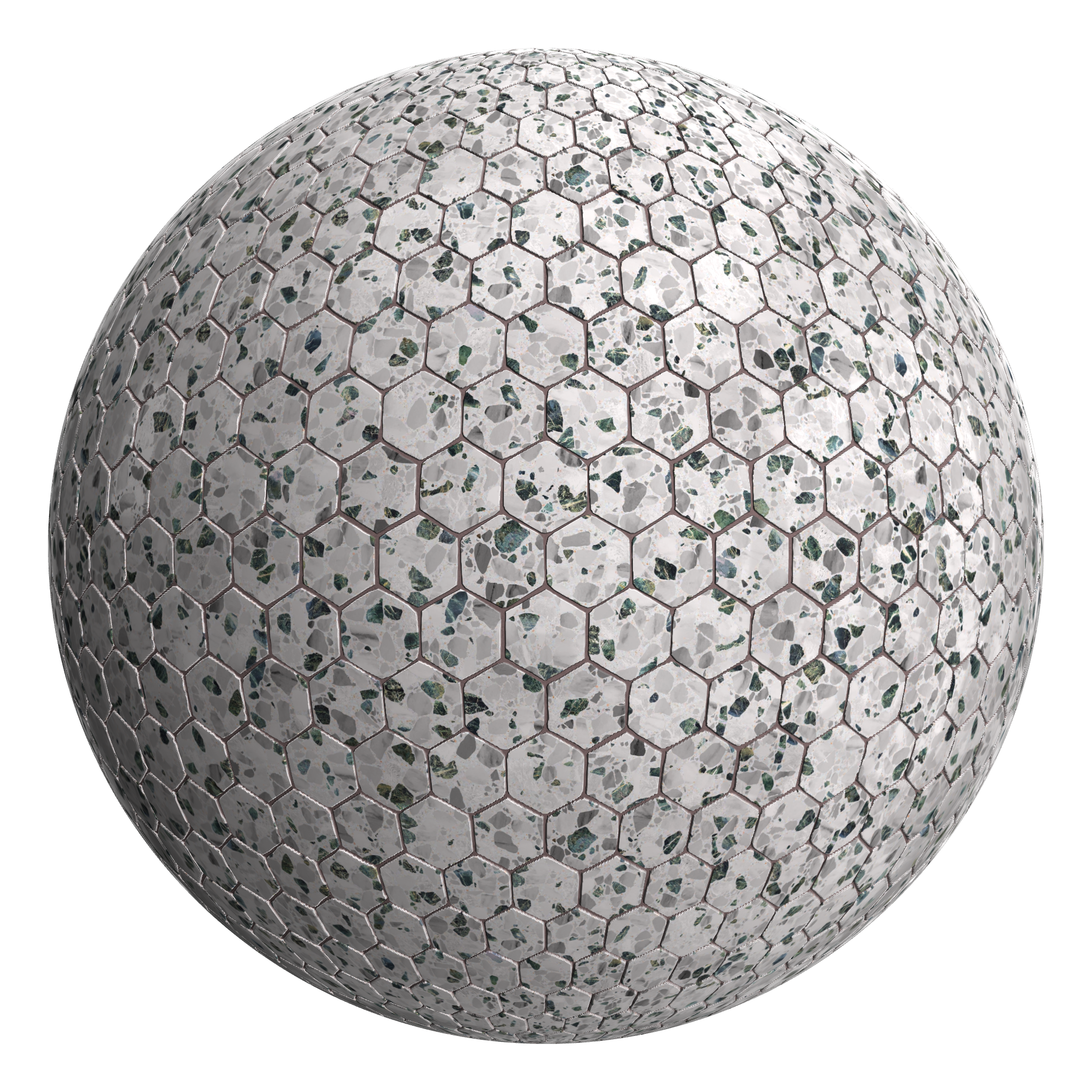 3D sphere preview of Inverna Terrazzo Hexagonal seamless texture