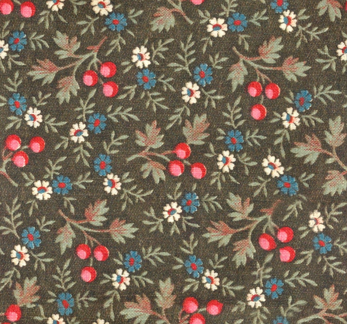 A seamless fabric texture with daisy and berry fabric units arranged in a None pattern