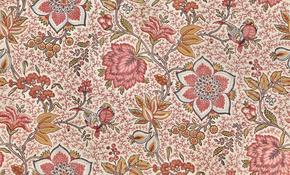 A seamless fabric texture with exotic flower and bird textile units arranged in a None pattern