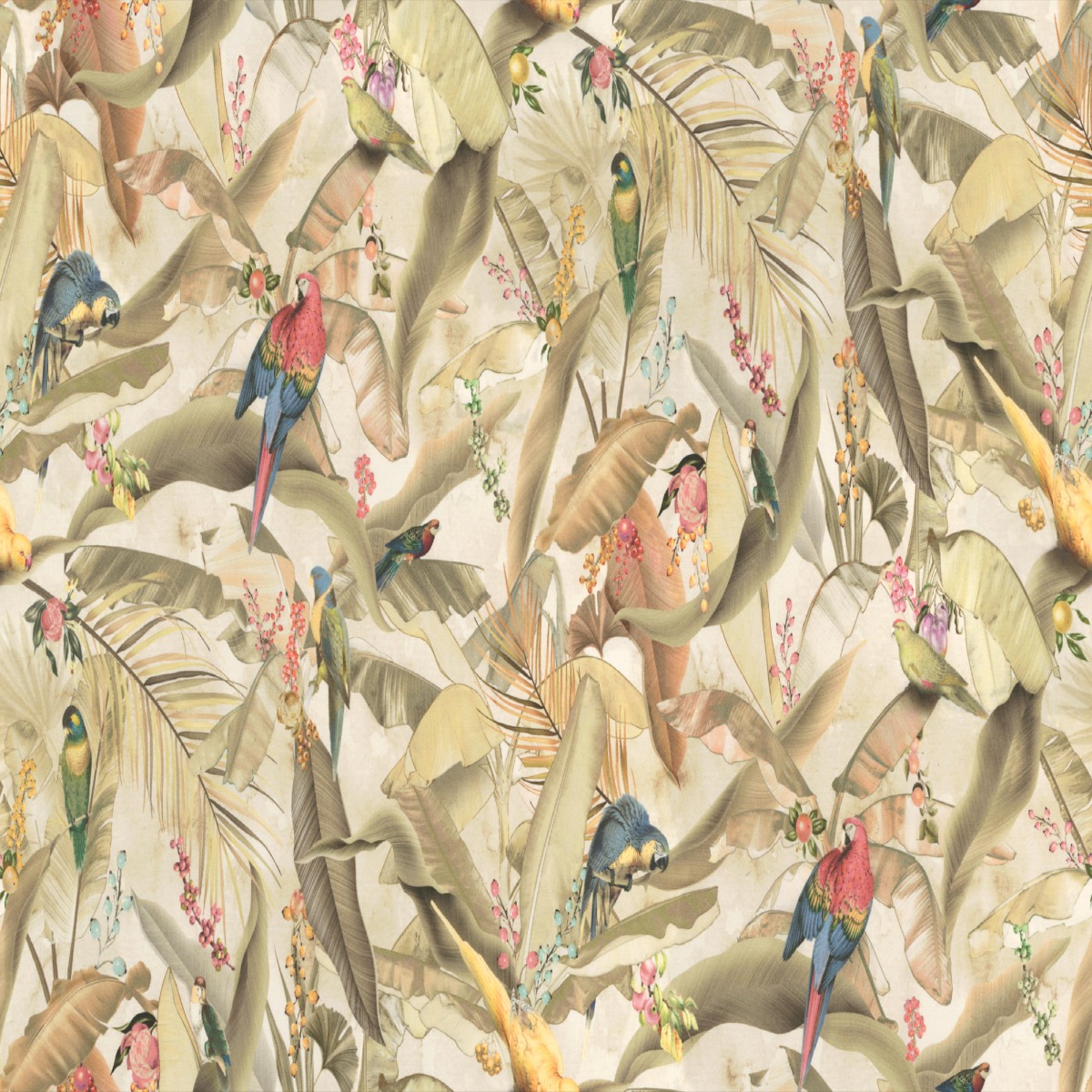 A seamless fabric texture with leaves multicoloured print units arranged in a None pattern