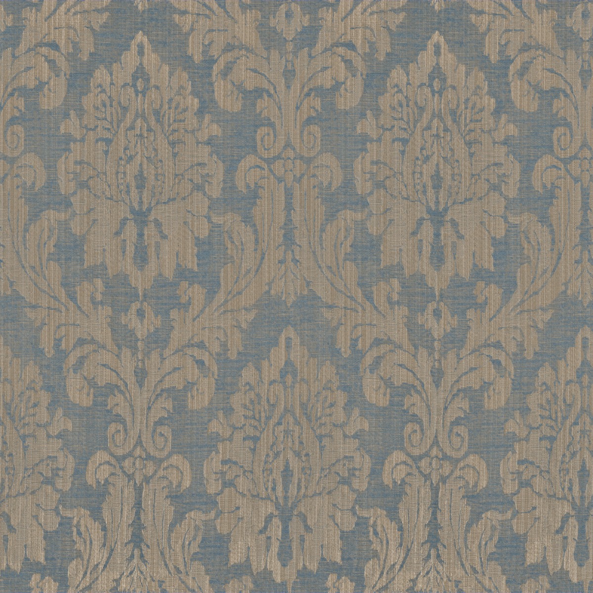 A seamless fabric texture with ornamental blue jacquard units arranged in a None pattern