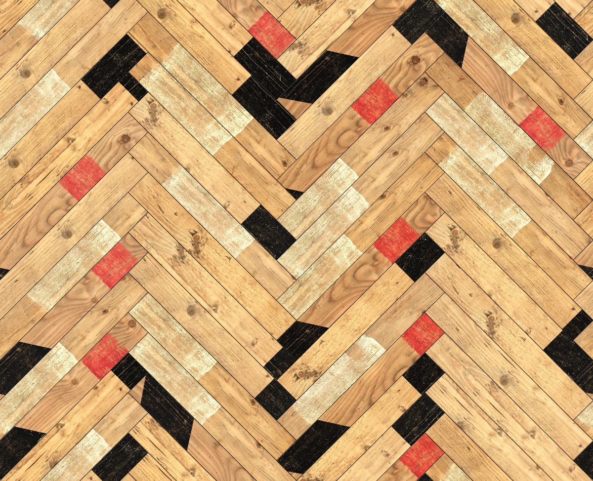 A seamless wood texture with reclaimed gym floor timber boards arranged in a Herringbone pattern
