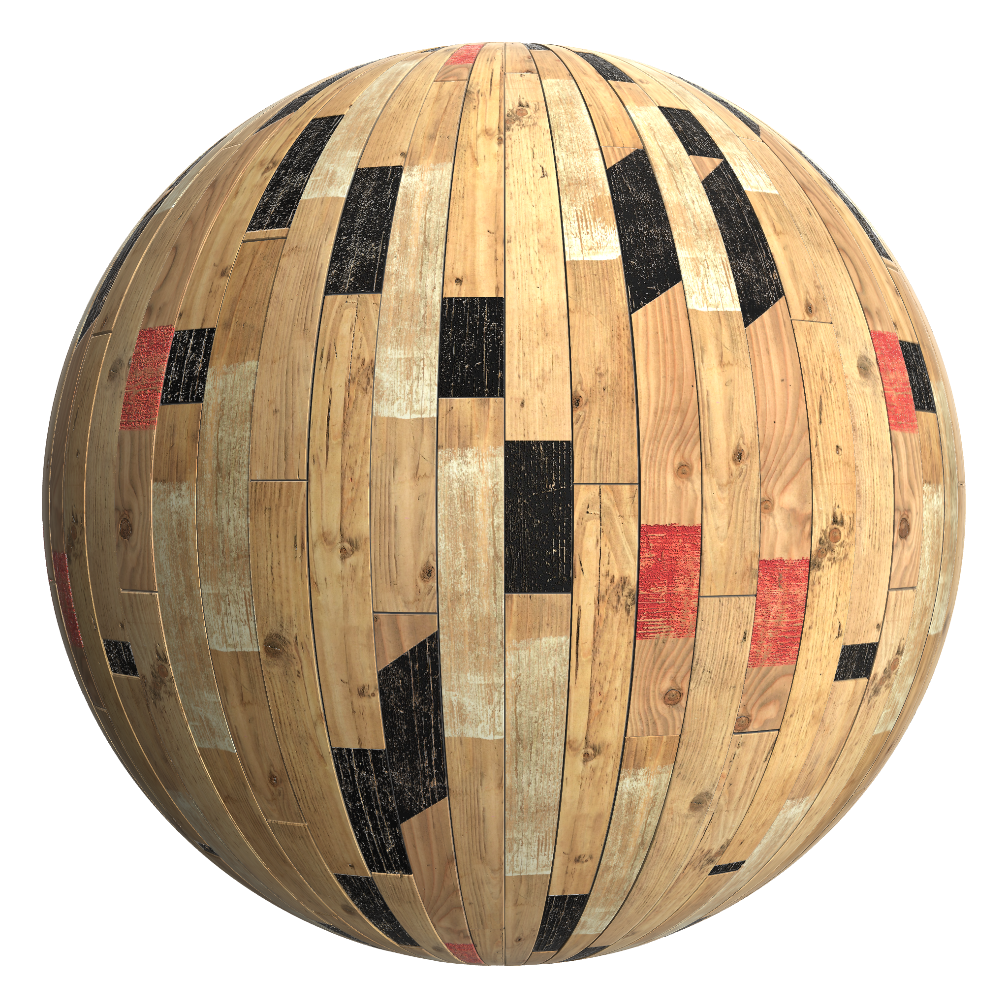 3D sphere preview of Reclaimed Gym Floor Timber, Staggered seamless texture
