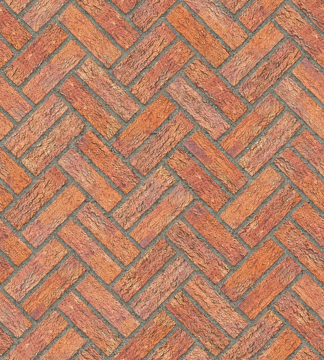 A seamless brick texture with rusticated red brick units arranged in a Double Herringbone pattern