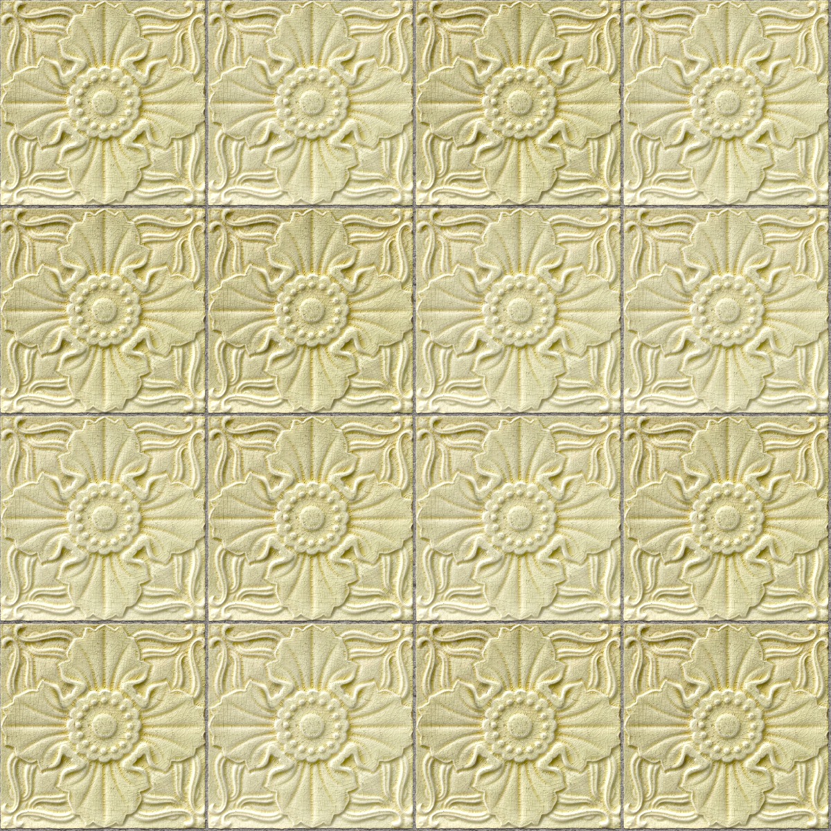 A seamless tile texture with pale yellow floral tile tiles arranged in a Stack pattern