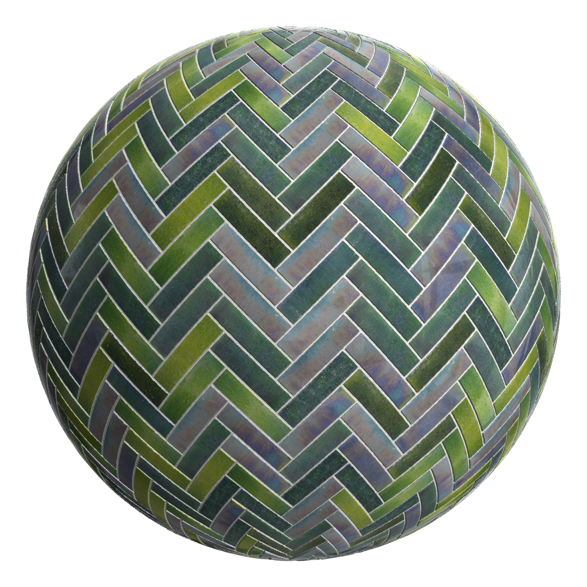 3D sphere preview of Peacock Glazed Tiles, Herringbone seamless texture