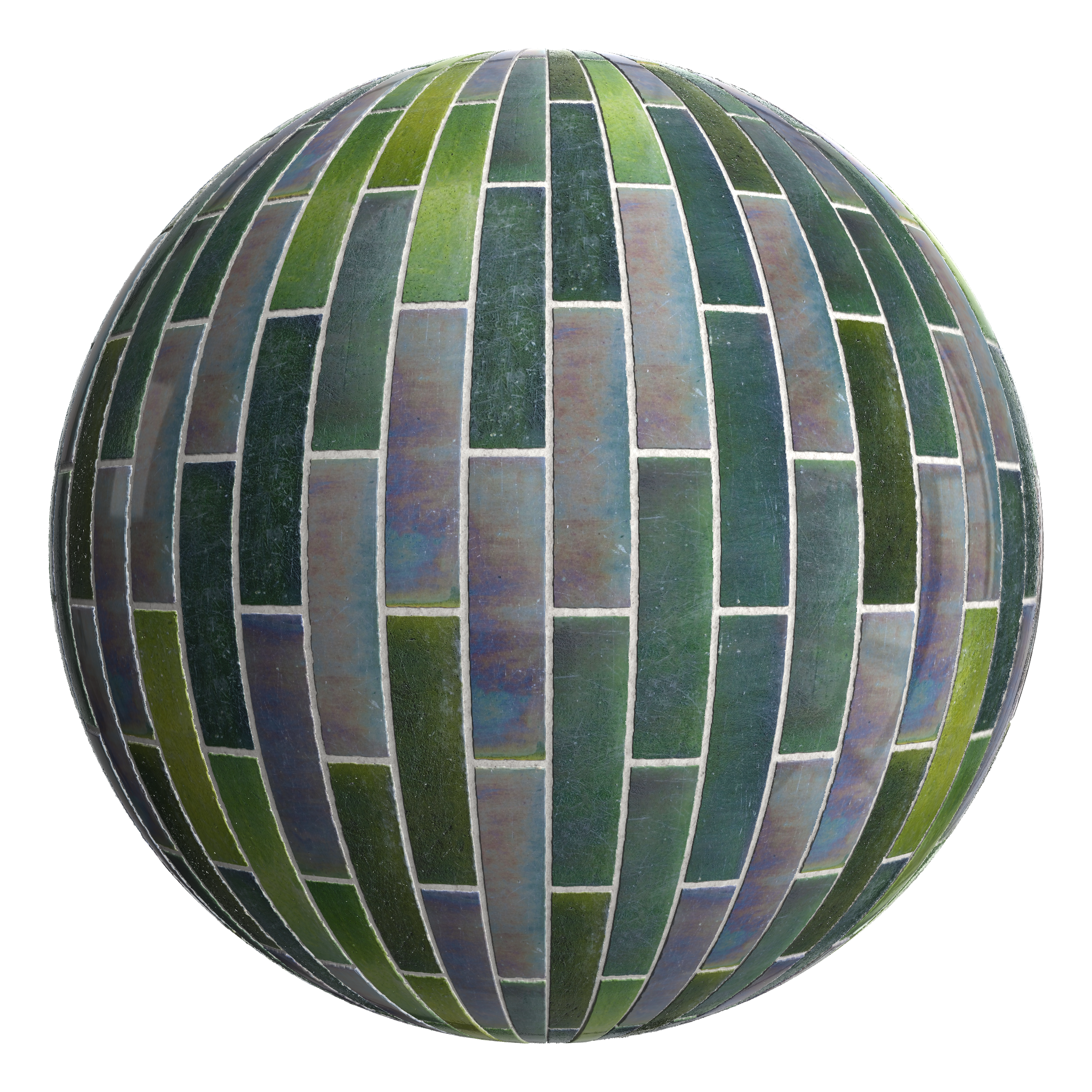 3D sphere preview of Peacock Glazed Tiles, Stretcher seamless texture