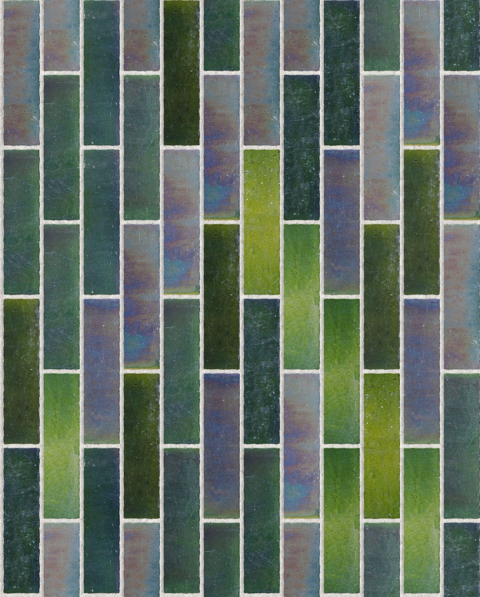 A seamless tile texture with peacock glazed tiles tiles arranged in a Stretcher pattern