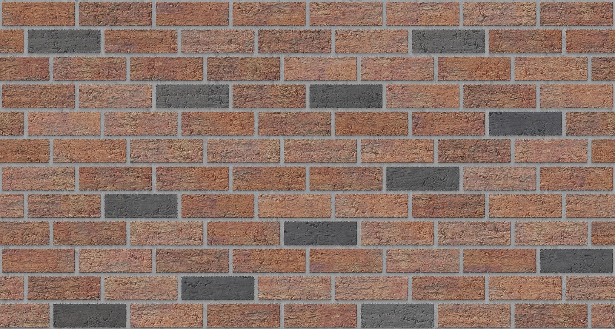 A seamless brick texture with rusticated red brick units arranged in a 1/3 Running Bond pattern