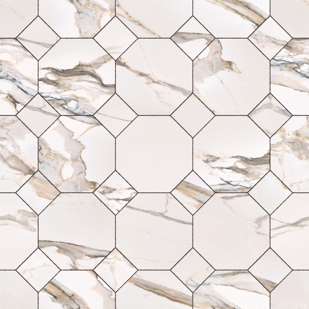 A seamless stone texture with calacatta gold blocks arranged in a Octagon Square pattern