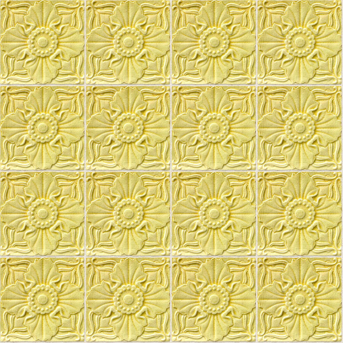 A seamless tile texture with pale yellow floral tile tiles arranged in a Stack pattern