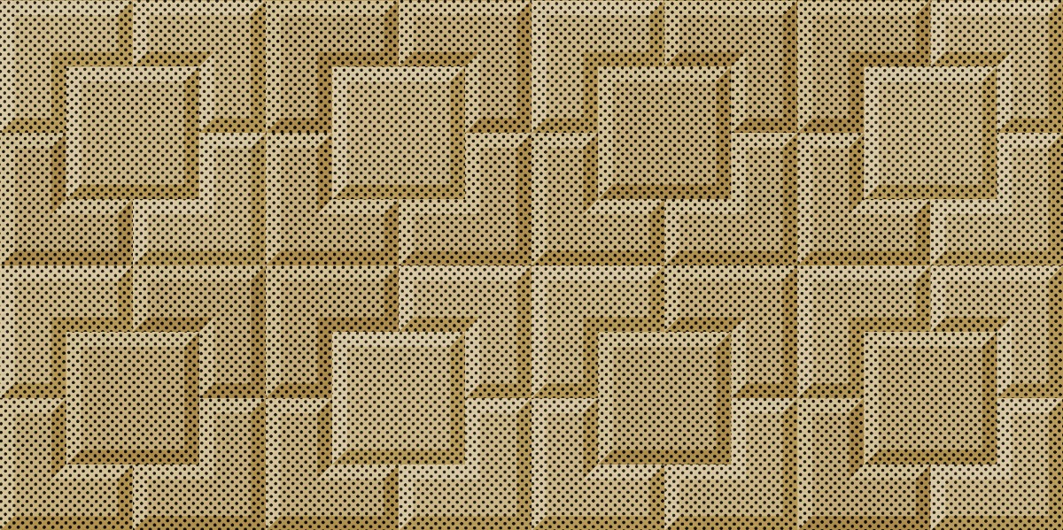 A seamless metal texture with perforated metal acoustic panel sheets arranged in a Interlocking Rectangle with Square pattern