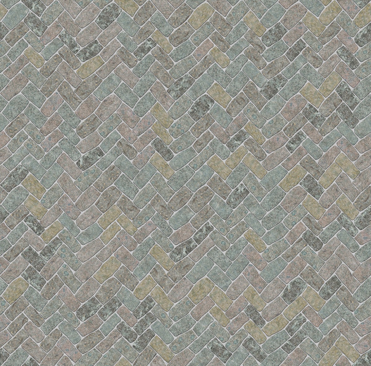 A seamless stone texture with porphyry - reclaimed european cobbles - weathered & worn surface - m267 blocks arranged in a Cobblestone Herringbone Pattern - Narrow Side Up - DP055 pattern
