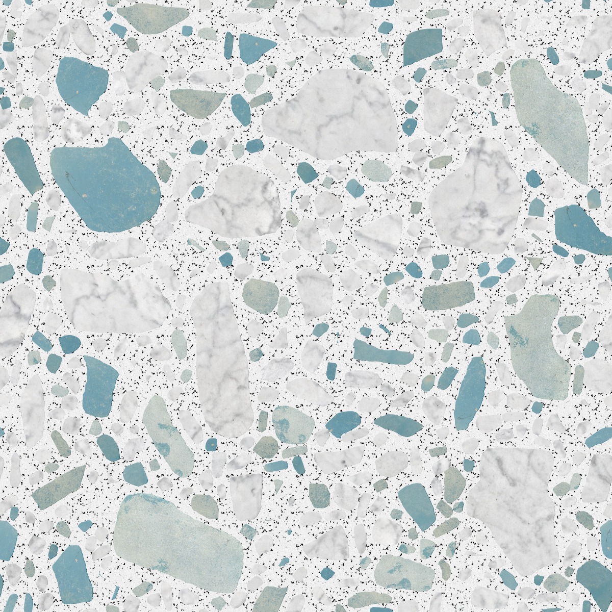 A seamless stone texture with white marble blocks arranged in a Varied Size Terrazzo pattern