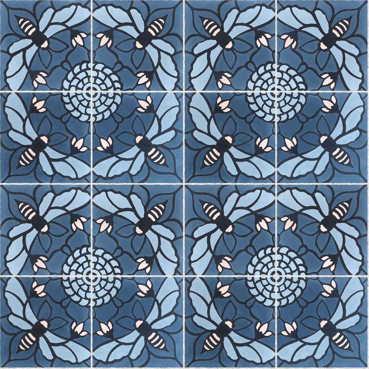 A seamless tile texture with bee & skep / “cornflower" tiles arranged in a Stack pattern