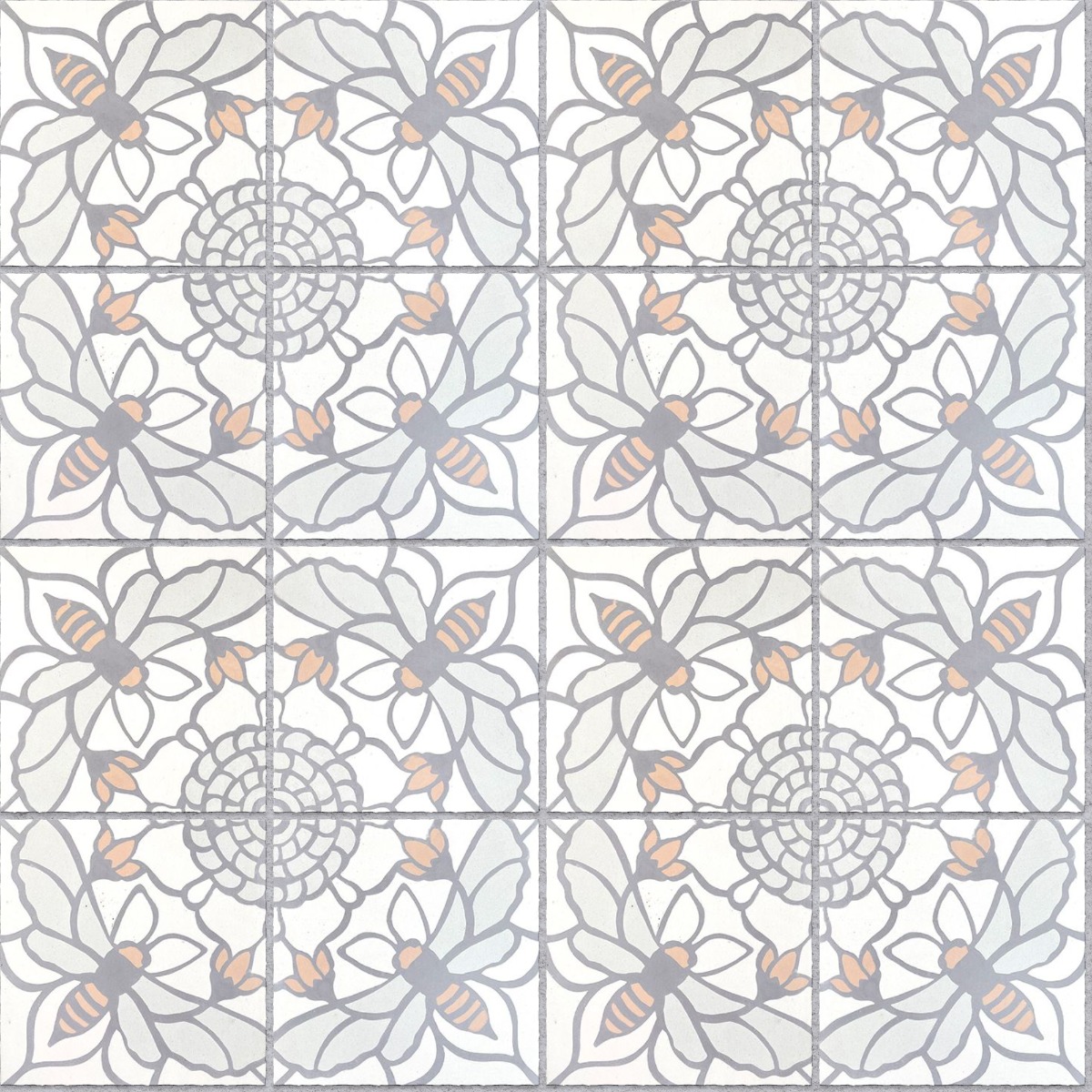 A seamless tile texture with bee & skep / “snowdrop" tiles arranged in a Stack pattern