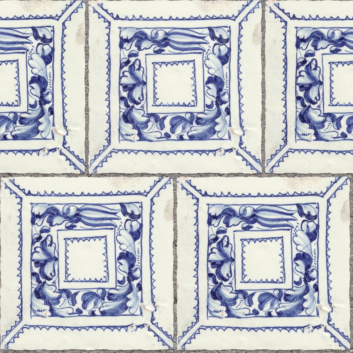 A seamless tile texture with blue majolica tile tiles arranged in a Stretcher pattern