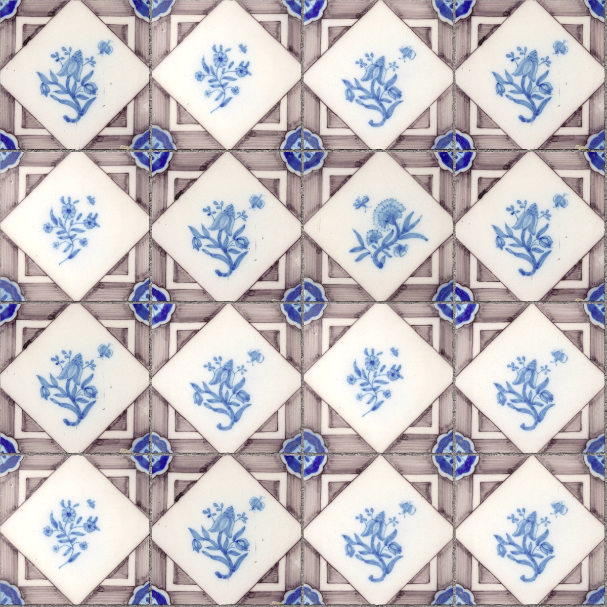 A seamless tile texture with majolica flower tile tiles arranged in a Stack pattern