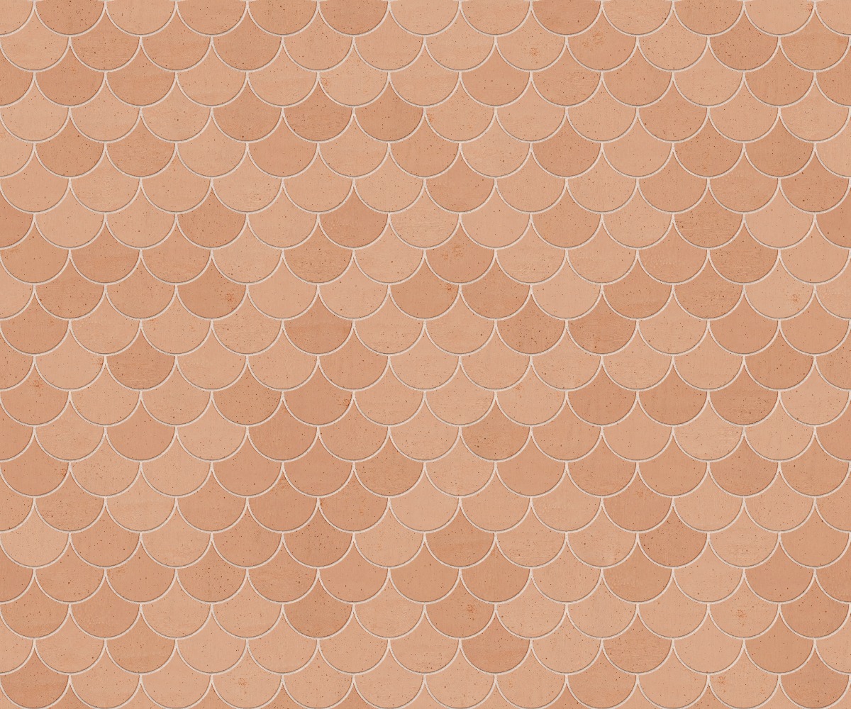 A seamless tile texture with terracotta tiles arranged in a Fishscale pattern