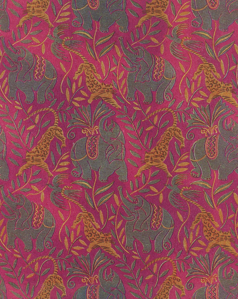 A seamless fabric texture with la jungle lampas fabric units arranged in a None pattern