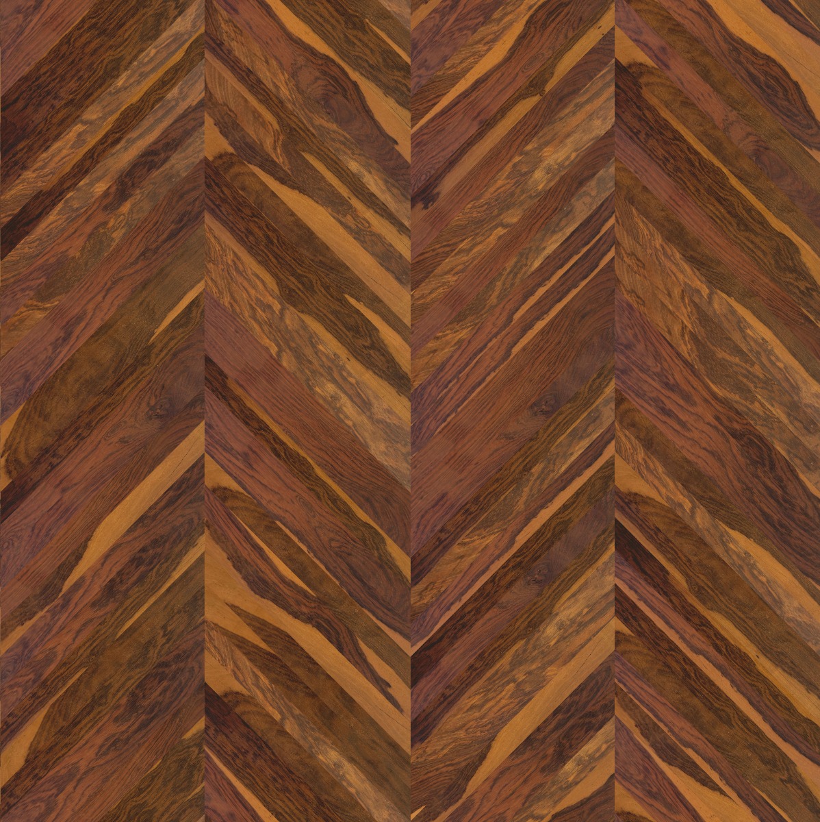 A seamless wood texture with bocote boards arranged in a Chevron pattern