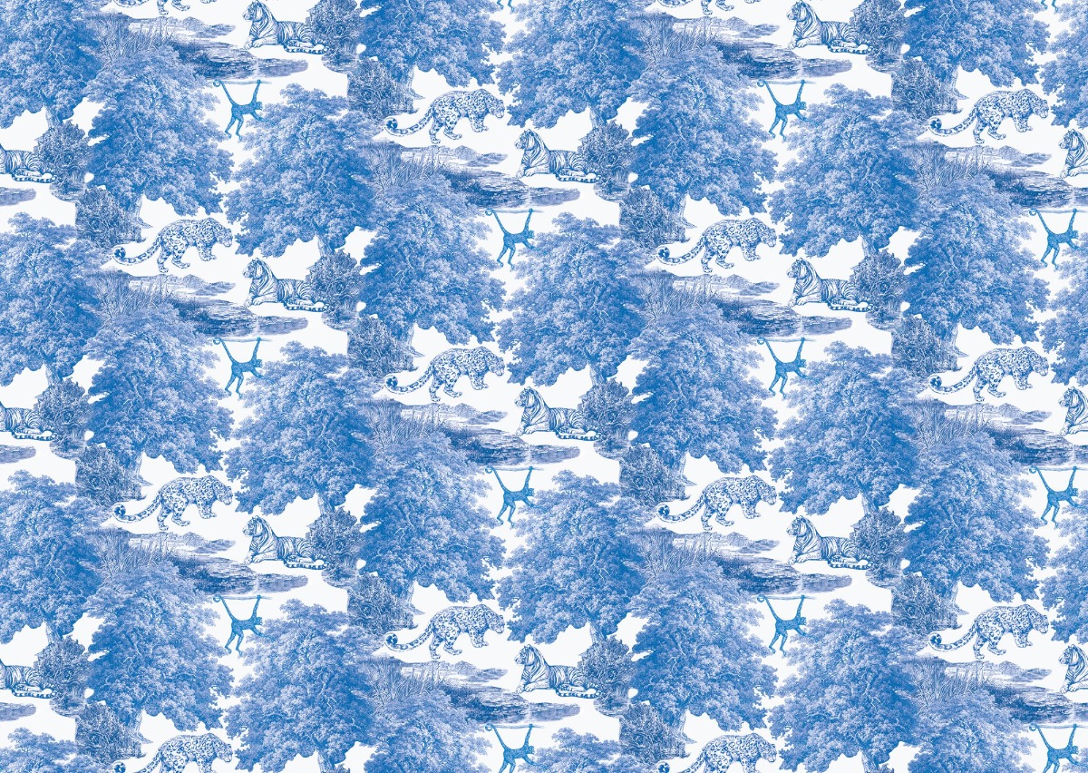 A seamless wallpaper texture with toile de jouy blue units arranged in a None pattern