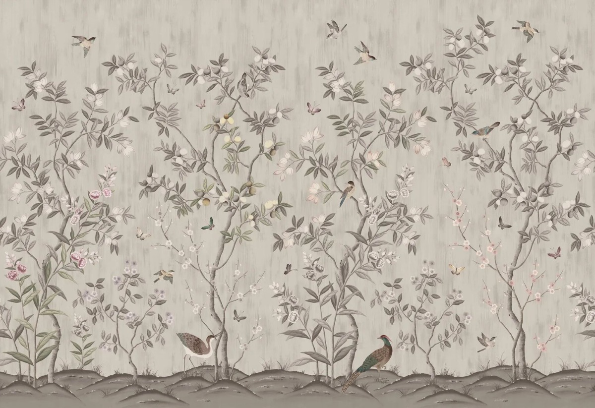 A seamless wallpaper texture with chinoiserie chic, powder beige units arranged in a None pattern