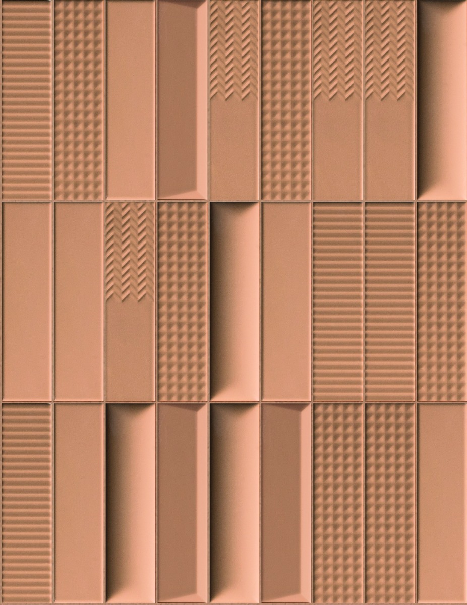 A seamless tile texture with biscuit terra plain / peak / strip / stud / waves tiles arranged in a Stack pattern