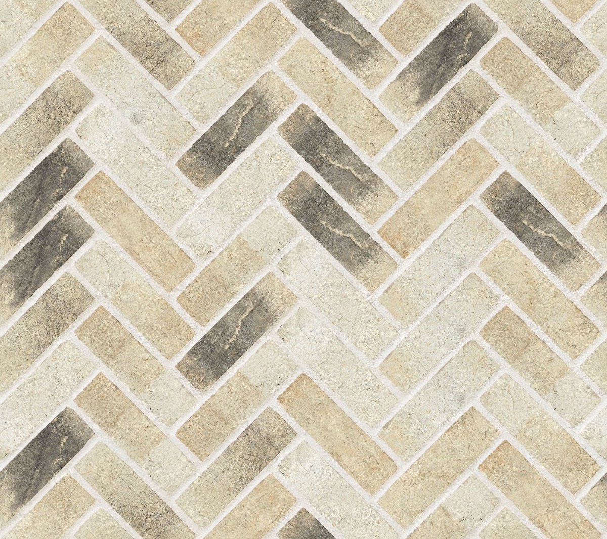 A seamless brick texture with alaska sintered rustic units arranged in a Herringbone pattern