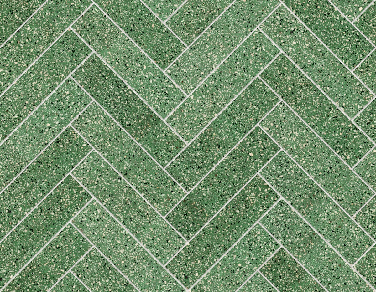 A seamless terrazzo texture with taskisla terrazzo units arranged in a Herringbone pattern