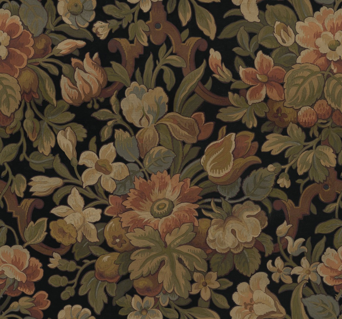 A seamless wallpaper texture with vintage garden, ivory units arranged in a None pattern